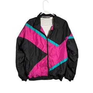 Vintage Longstreet Tall Black Pink & Teal Nylon Windbreaker Jacket L